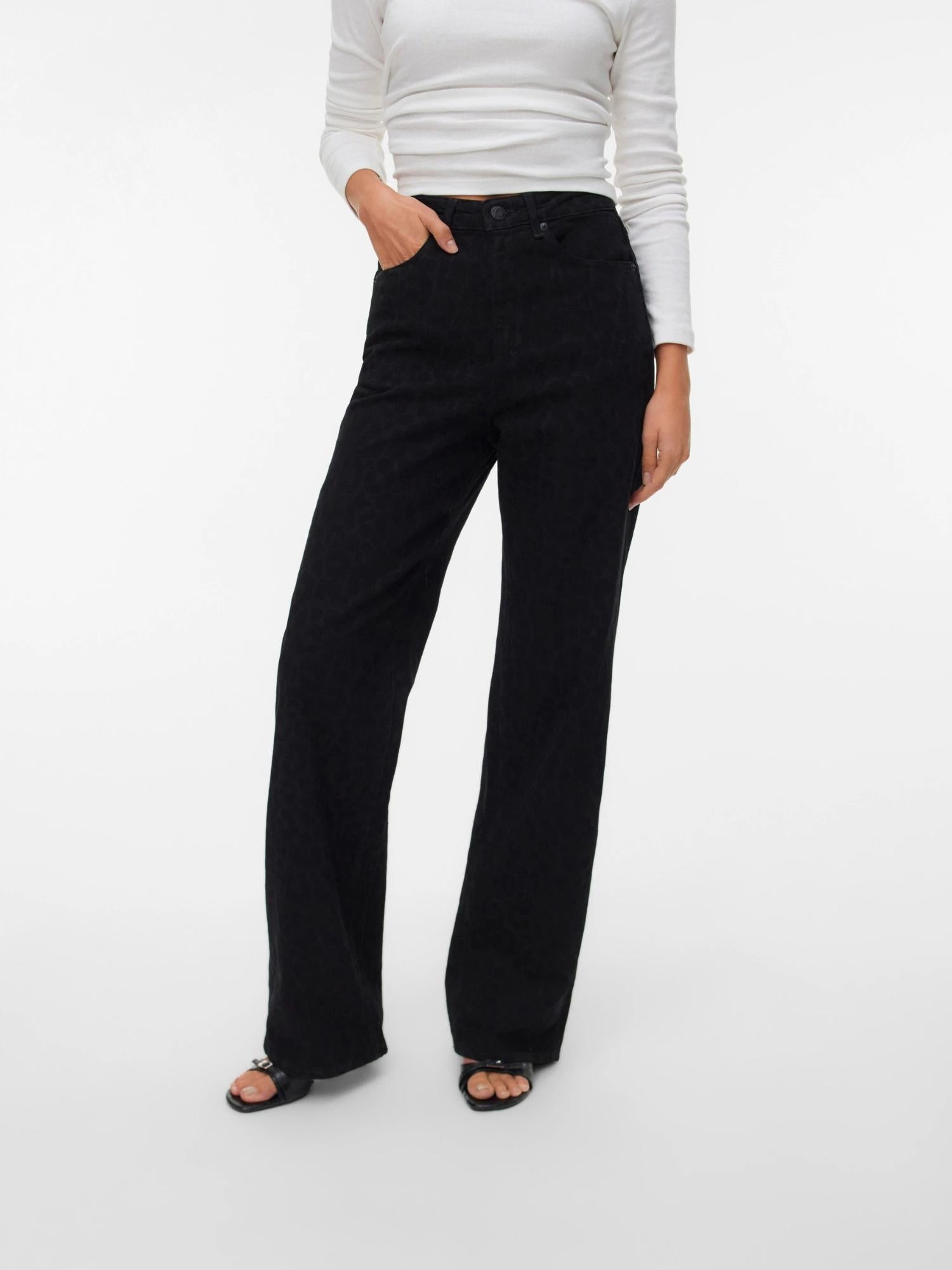Vero Moda VMTESSA Vita alta Wide Leg Fit Jeans Donna Black Denim Leopard - Santangelo